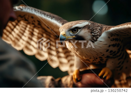Falcon resting on falconer's hand spreading wings 130250742