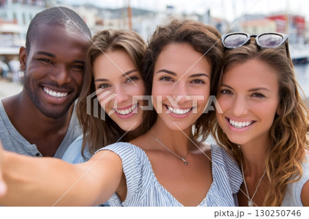 Happy multi ethnic friends taking selfie at harbor 130250746