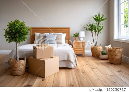 Cardboard boxes laying on hardwood floor in modern bedroom with plants 130250787