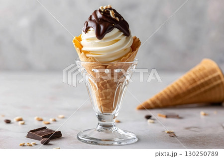Delicious soft serve ice cream with chocolate topping and waffle cone in glass bowl 130250789