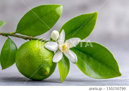 Lime fruit blooming showing green leaves and white flower 130250790