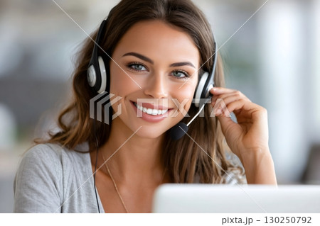 Friendly female call center operator smiling and using headset 130250792