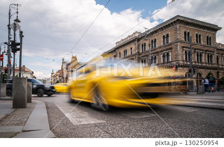 Yellow City Taxi Blurred In Motion Rushing On The Street Yellow City Taxi Blurred In Motion Rushing On The Street 130250954