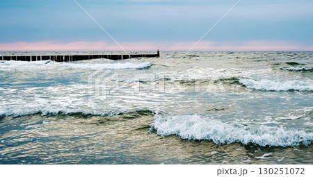 Amazing Panoramic View Of Waves Running Of The Sea Water On A Beach 130251072