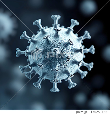 Abstract close up view of a virus spherical particle in a dark murky background, disease concept 130251156