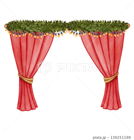 Red stage curtains tied with golden ropes and decorated with green garland and lights on top. Watercolor illustration. Suitable for children books, posters, invitations, theater themes, postcards. Red stage curtains tied with golden ropes and decorated with green garland and lights on top. Watercolor illustration. Suitable for children books, posters, invitations, theater themes, postcards. 130251199