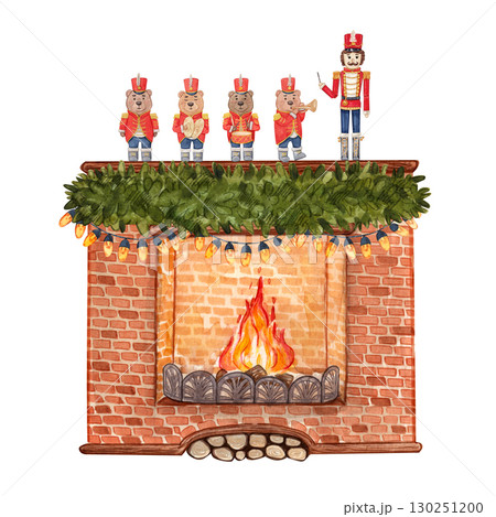 A brick fireplace with a burning fire, decorated with a green garland, bears and a nutcracker soldier. Watercolor illustration for Christmas cards, posters, children books, holiday decor and festive. 130251200