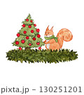 Cute orange squirrel in green scarf near decorated Christmas tree with red balls on fir branches. Watercolor illustration forest Christmas animals. Suitable for postcards, stickers, posters, holiday. 130251201