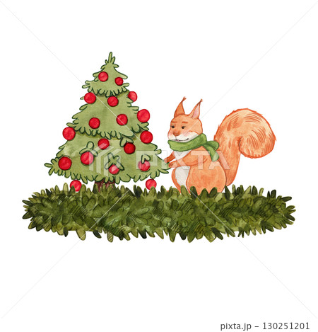 Cute orange squirrel in green scarf near decorated Christmas tree with red balls on fir branches. Watercolor illustration forest Christmas animals. Suitable for postcards, stickers, posters, holiday. 130251201