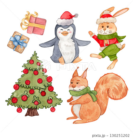 Set of Christmas elements with penguin in red hat, rabbit in scarf, squirrel, decorated tree and gift boxes. Watercolor illustration. Suitable for postcards, stickers, posters and festive design. Set of Christmas elements with penguin in red hat, rabbit in scarf, squirrel, decorated tree and gift boxes. Watercolor illustration. Suitable for postcards, stickers, posters and festive design. 130251202
