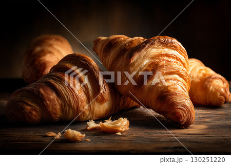 Freshly baked croissants on a rustic wooden surface under dramatic, low-key lighting. Freshly baked croissants on a rustic wooden surface under dramatic, low-key lighting. 130251220