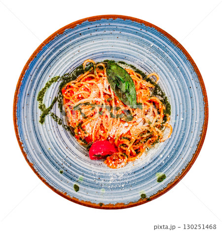 pasta with tomato sauce and parmesan, top view, isolated on white background with clipping path pasta with tomato sauce and parmesan, top view, isolated on white background with clipping path 130251468
