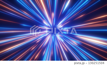 青とオレンジの光が広がるワープスピード集中線背景 130251504