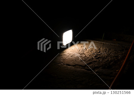 flashlight and light beam in dark mist room at night . abstract projector spotlight white lay 130251566