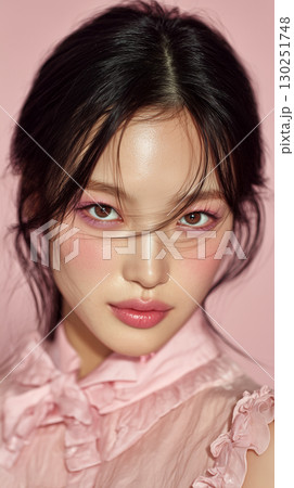 Elegant portrait of a young Asian woman showcasing soft makeup and delicate features against a pastel background 130251748