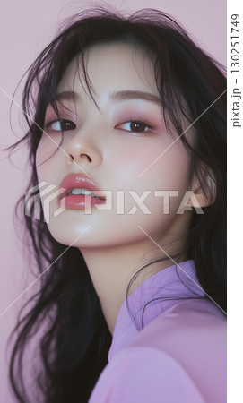 Young Korean woman with natural makeup and flowing black hair poses against a soft pink background showcasing beauty and elegance 130251749