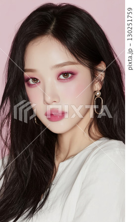 Young woman with vivid makeup and long black hair poses against a pink background, showcasing fashion and beauty trends in Korea Young woman with vivid makeup and long black hair poses against a pink background, showcasing fashion and beauty trends in Korea 130251759