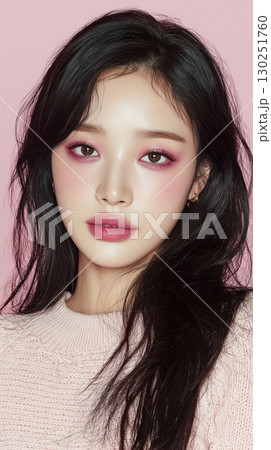 Beautiful Korean woman with soft makeup and wavy hair posing against a pastel pink background 130251760