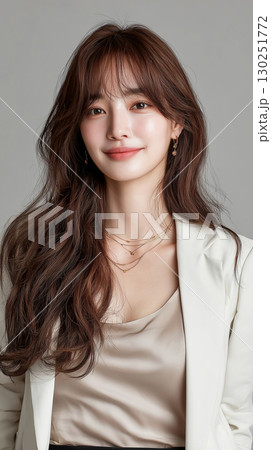 Stylish Asian woman with long hair poses elegantly, showcasing a confident expression in a studio setting 130251772