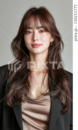 A Korean woman with long, flowing hair poses confidently in a black blazer and silk top 130251775