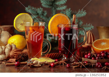 Hot Christmas drinks with ingredients. Hot Christmas drinks with ingredients. 130251952