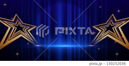 Stage elegant blue background with curtain background and gold star lighting effect. 130252036