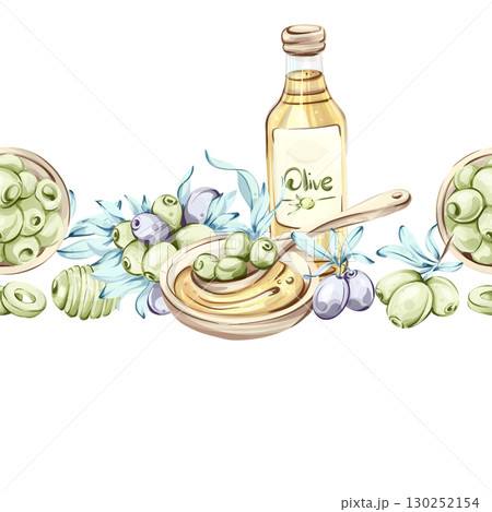Olives and olive oil framed in a seamless pattern showcasing Italian cuisine and nature beauty Olives and olive oil framed in a seamless pattern showcasing Italian cuisine and nature beauty 130252154