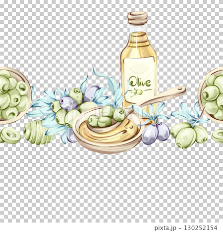 Olives and olive oil framed in a seamless pattern showcasing Italian cuisine and nature beauty Olives and olive oil framed in a seamless pattern showcasing Italian cuisine and nature beauty 130252154