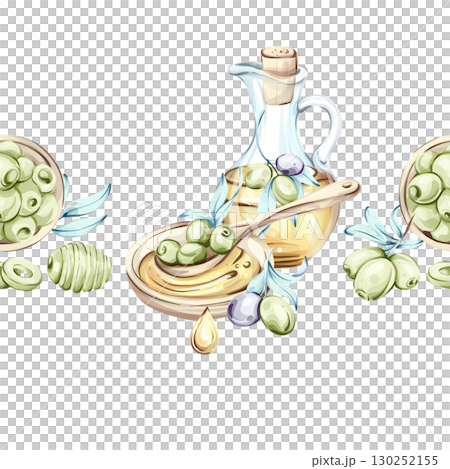 Olives and olive oil seamless pattern arrangement with frames and borders highlighting Italian cuisine and natures beauty Olives and olive oil seamless pattern arrangement with frames and borders highlighting Italian cuisine and natures beauty 130252155