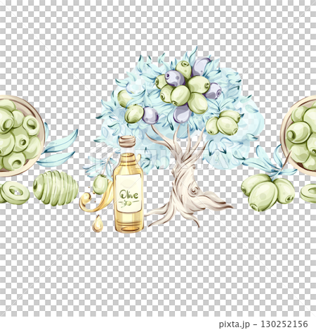 Olives and olive oil an olive tree seamless pattern with frame and border inspired by Italian cuisine and nature. The vibrant green and purple hues highlight the natural beauty of olives. 130252156