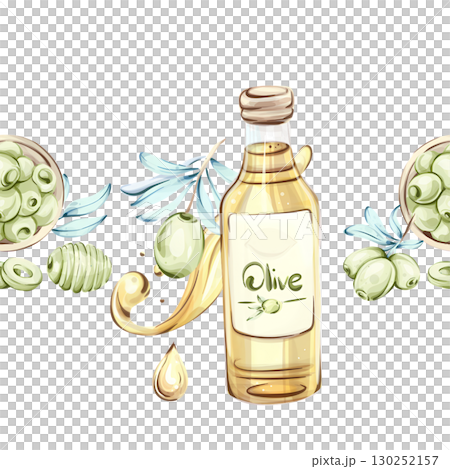 Illustration of olives and olive oil in watercolor style showcasing the essence of Italian cuisine and nature frame, border, arrangement, seamless pattern 130252157