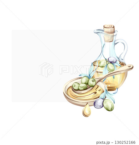 Olives and olive oil in watercolor highlighting Italian cuisine and nature's beauty frame, border, arrangement 130252166