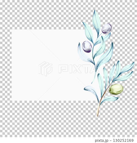 Olives and olive oil illustrated in watercolor celebrating Italian cuisine and nature's beauty frame, border, arrangement 130252169