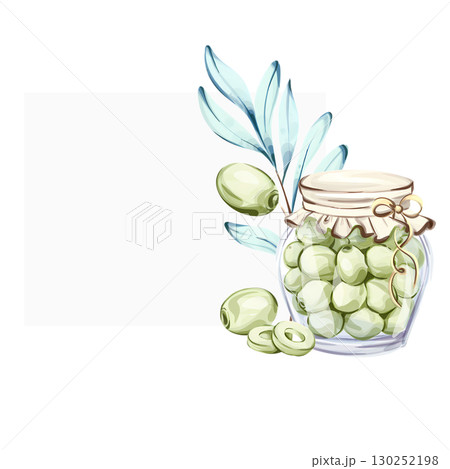 Illustration of olives in a jar with olive leaves in a watercolor style inspired by Italian cuisine and nature frame, border, arrangement 130252198