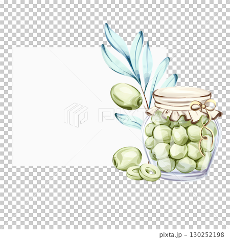 Illustration of olives in a jar with olive leaves in a watercolor style inspired by Italian cuisine and nature frame, border, arrangement 130252198