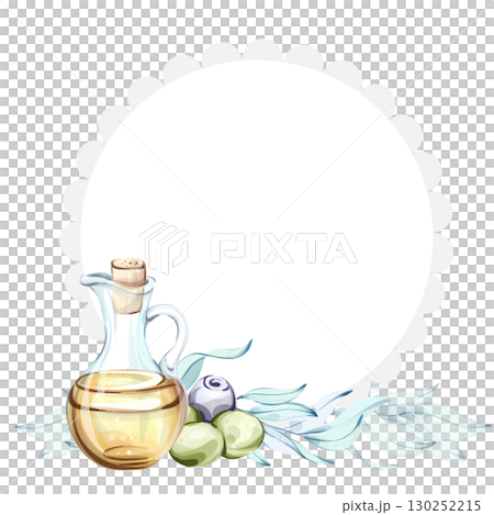 Exploring the beauty of olives and olive oil in a watercolor illustration highlighting Italian culinary delights frame, border, arrangement Exploring the beauty of olives and olive oil in a watercolor illustration highlighting Italian culinary delights frame, border, arrangement 130252215