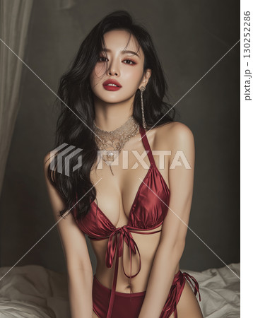 Korean woman in elegant red swimwear poses gracefully in a soft-lit studio setting during an indoor photoshoot Korean woman in elegant red swimwear poses gracefully in a soft-lit studio setting during an indoor photoshoot 130252286