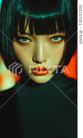 Captivating portrait of a Korean model with striking features and bold makeup in a vibrant setting 130252300