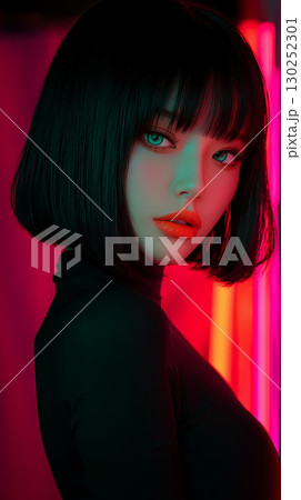 Contemporary portrait of a young Asian woman with striking features and vibrant background colors in an urban setting 130252301