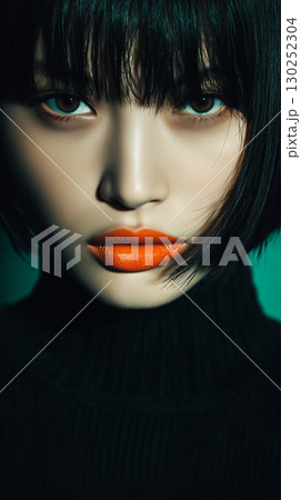 Captivating portrait of a korean woman with striking orange lips and a modern hairstyle in a moody atmospheric setting 130252304