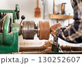 Carpentry. Turnery of a wooden bowl with spiral sawdust shavings with hand and chisel 130252607