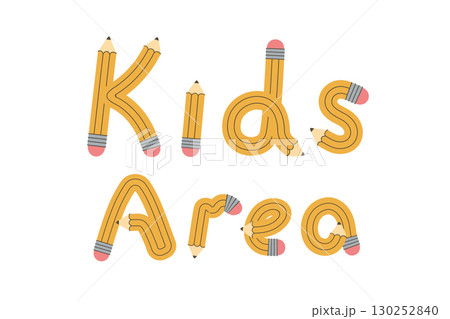 Yellow pencils in the shape of the phrase Kids area. Vector illustration. 130252840