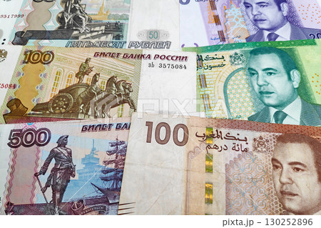 Stack of Russian Rubles and Moroccan Dirham Stack of Russian Rubles and Moroccan Dirham 130252896