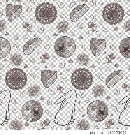 Mid Autumn Festival seamless pattern with mooncake, moon, rabbit, peony, plum and red bean, Minimal dark brown line art on transparent background, Chinese traditional holiday design 130253051