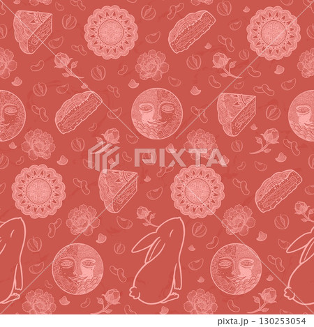 Mid Autumn Festival seamless pattern with mooncake, moon, rabbit, peony, plum and red bean, Light pink line art on pink peach background, Chinese traditional holiday design 130253054