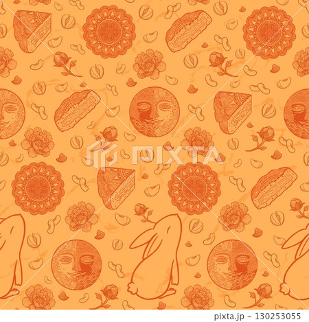 Mid Autumn Festival seamless pattern with mooncake, moon, rabbit, peony, plum and red bean, Orange line art on pastel yellow background, Chinese traditional holiday design Mid Autumn Festival seamless pattern with mooncake, moon, rabbit, peony, plum and red bean, Orange line art on pastel yellow background, Chinese traditional holiday design 130253055