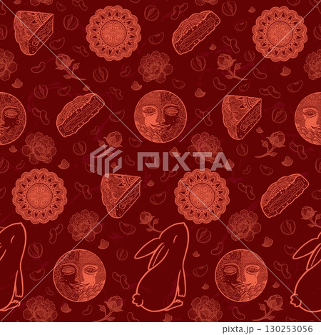Mid Autumn Festival seamless pattern with mooncake, moon, rabbit, peony, plum and red bean, peach pink line art on red background, Chinese traditional holiday design 130253056