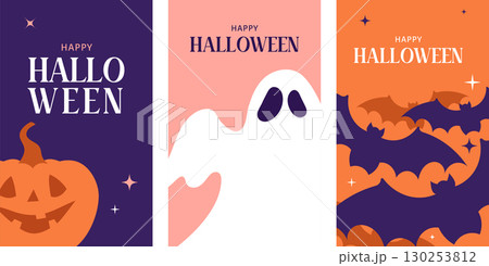 halloween background, banner. Happy Halloween illustration with ghost, bats and pumpkin  130253812