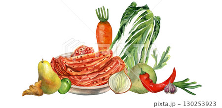 Vegetables composition for kimchi on transparent background. Watercolor illustrations. Chinese cabbage, onion, ginger, carrot, daikon and pepper. For kimchi day, recipes and cards Vegetables composition for kimchi on transparent background. Watercolor illustrations. Chinese cabbage, onion, ginger, carrot, daikon and pepper. For kimchi day, recipes and cards 130253923
