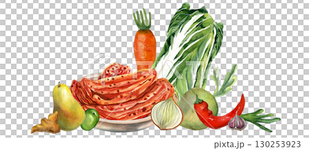 Vegetables composition for kimchi on transparent background. Watercolor illustrations. Chinese cabbage, onion, ginger, carrot, daikon and pepper. For kimchi day, recipes and cards Vegetables composition for kimchi on transparent background. Watercolor illustrations. Chinese cabbage, onion, ginger, carrot, daikon and pepper. For kimchi day, recipes and cards 130253923